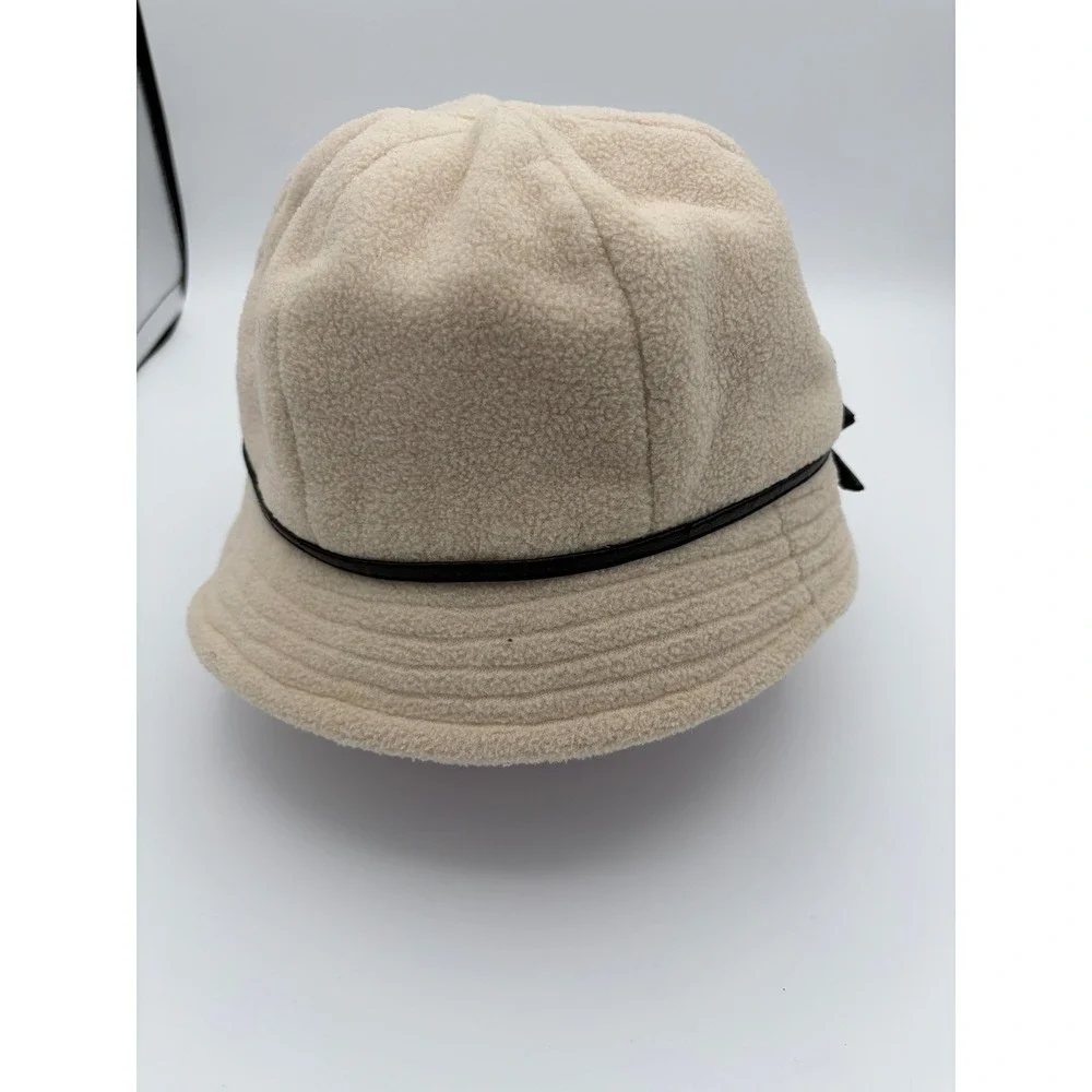 Betmar Bucket Hat Womens One Size Beige Fleece Faux Leather Bow Cloche